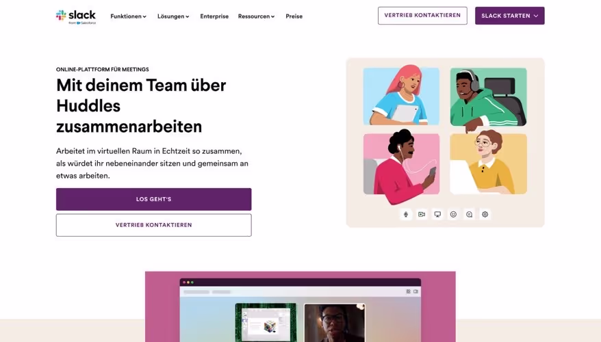 Slack Landingpage für 'Team Huddles'