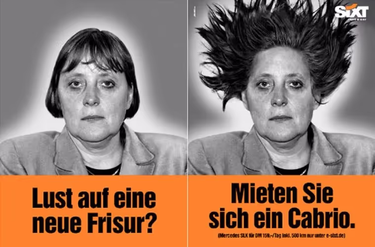 Sixt 'Merkel Cabrio Werbung': Diese Kampagne nutzte den aktuellen politischen Kontext, um eine humorvolle und aufmerksamkeitsstarke Botschaft zu vermitteln.